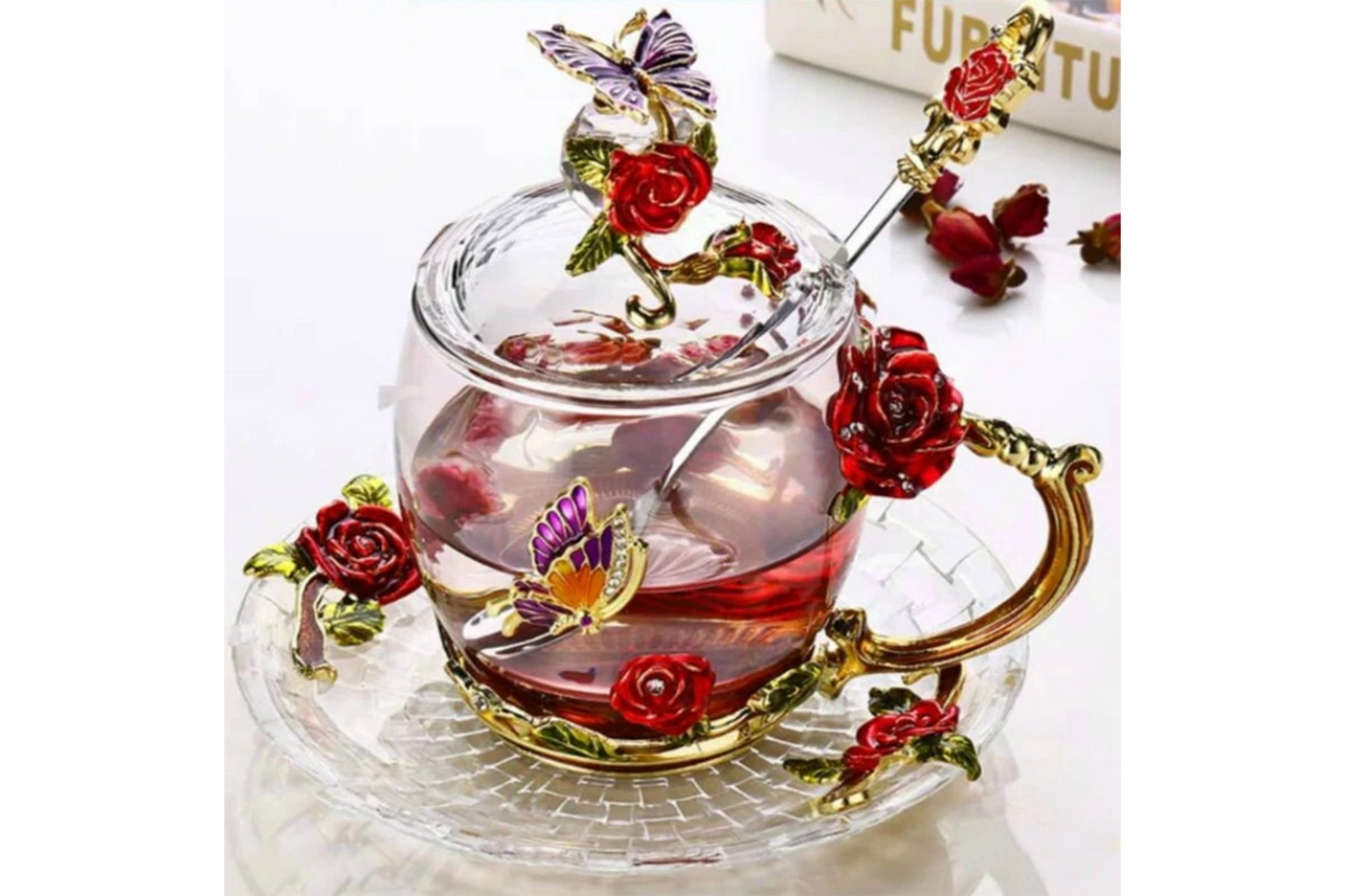 Transparent Glass Coffee Mugs with Hand-Made Luxurious Flower Designs