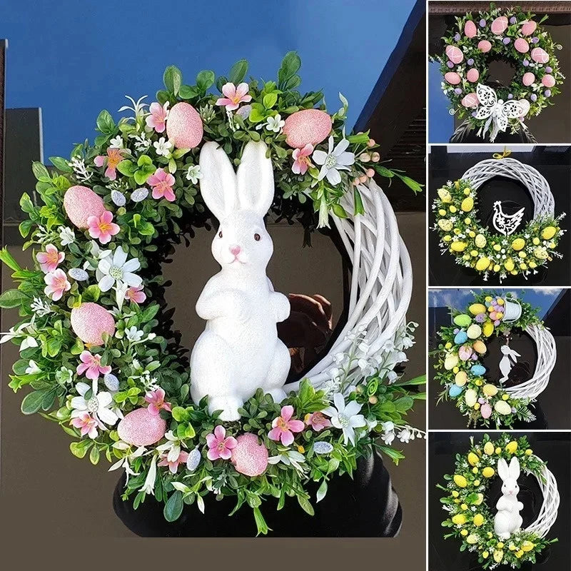 New Easter Rabbit Wreath Decoration Simulation Green Plant Front Door Easter Egg Wreath Hanging Wall Decoration