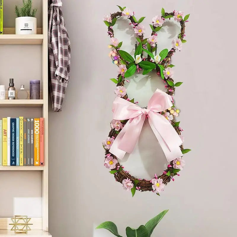 Rabbit Door Wreath 18Inch Easter Bunny Wreath With Bowknot Creative Floral Festive Easter Decor Easter Wreaths For Front Door