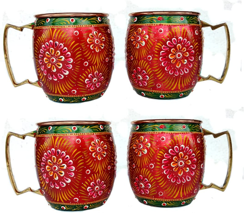 Pure Copper Handmade Mug That Has Hand Painted Red Outer With Art Work