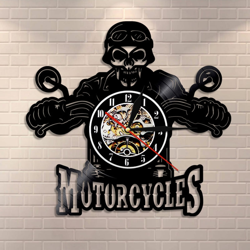 Skull in Helmet Racer Motorcycles Wall Clock Racer Skull Biker Vinyl Record Wall Clock Halloween Home Decor Skull Rider Clock