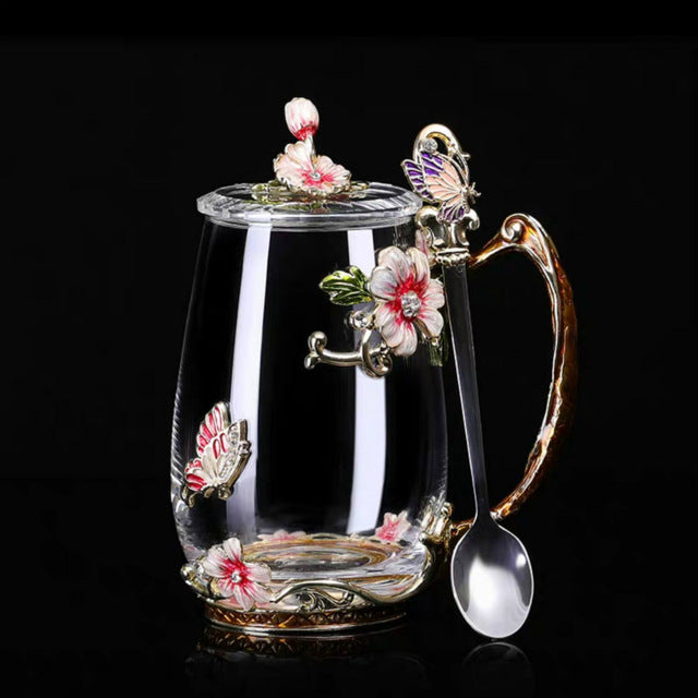 Beauty And Novelty Enamel Coffee Cup Mug Flower Tea Glass Cups for Hot and Cold Drinks Tea Cup Spoon Set Perfect Wedding Gift