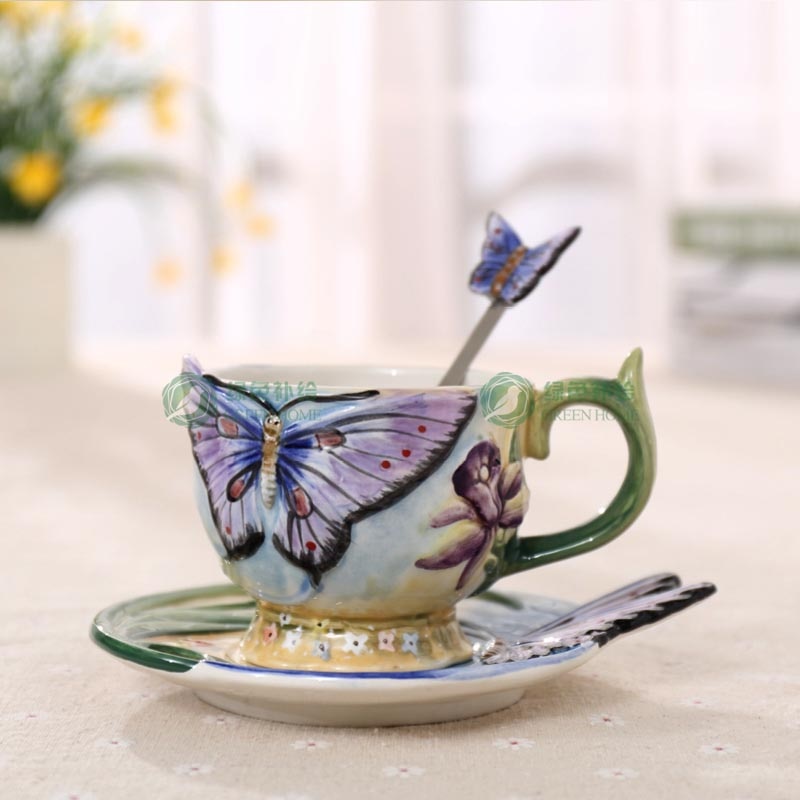 European Style Ceramic Hand-painted Butterfly Coffee Cup With 3D Colored Enamel Is A Head Turner