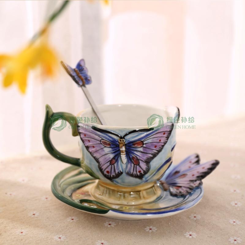 European Style Ceramic Hand-painted Butterfly Coffee Cup With 3D Colored Enamel Is A Head Turner