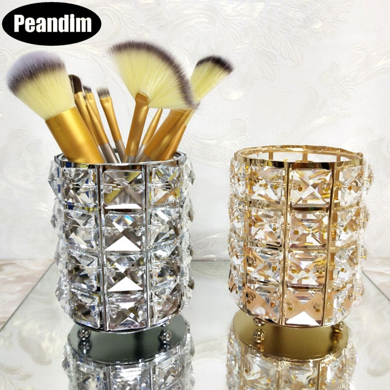 PEANDIM Nordic Cylinder Candle Holders Crystal Makeup Brush Pencil Container Metal Candle Stand Vases For Home Wedding Decor