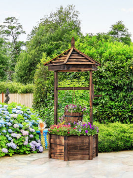 Rustic Wooden Wishing Well with Adjustable Hanging Bucket-Brown