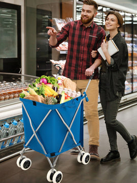 Folding Shopping Utility Cart with Water-Resistant Removable Canvas Bag-Blue