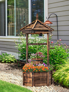 Rustic Wooden Wishing Well with Adjustable Hanging Bucket-Brown