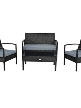 4 Pieces Patio Rattan Cushioned Furniture Set with Loveseat and Table-Black