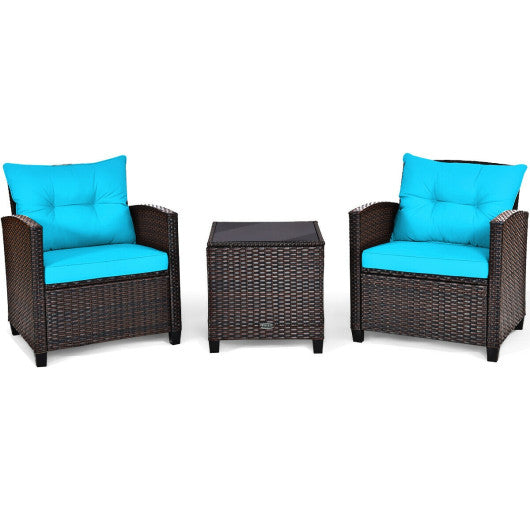 3 Pcs Patio Rattan Furniture Set Cushioned Conversation Set Coffee Table-Turquoise