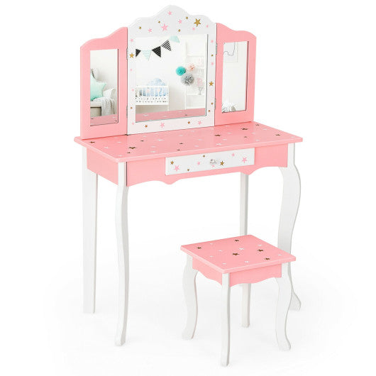 Kids Princess Vanity Table and Stool Set with Tri folding Mirror and Drawer