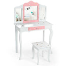 Kids Princess Vanity Table and Stool Set with Tri folding Mirror and Drawer