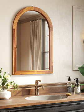 24 Inch x 35 Inch Arched Wall Mirror with Solid Acacia Wood Frame