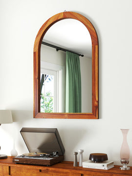 24 Inch x 35 Inch Arched Wall Mirror with Solid Acacia Wood Frame