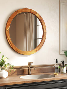 27 Inch Round Wall Mirror with Solid Acacia Wood Frame
