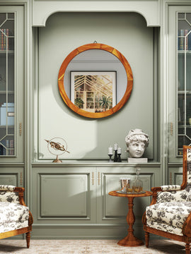 27 Inch Round Wall Mirror with Solid Acacia Wood Frame