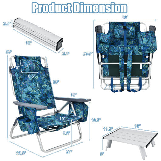 2 Packs 5-Position Outdoor Folding Backpack Beach Table Chair Reclining Chair Set-Multicolor
