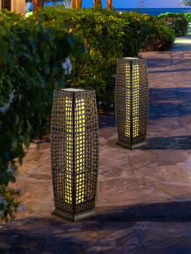 2 Pieces Solar-Powered Square Wicker Floor Lamps with Auto LED Light