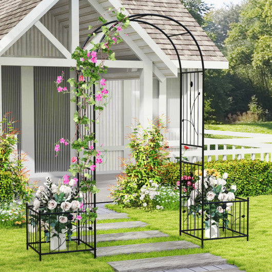 2 in 1 Garden Arbor with 2 Side Planters and 8 Ground Stakes-Black