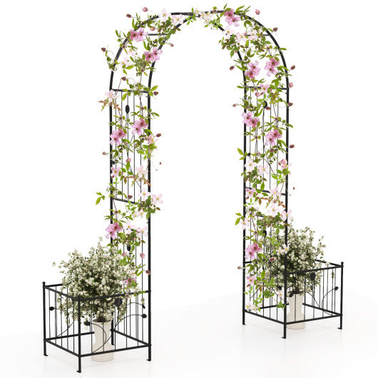 2 in 1 Garden Arbor with 2 Side Planters and 8 Ground Stakes-Black