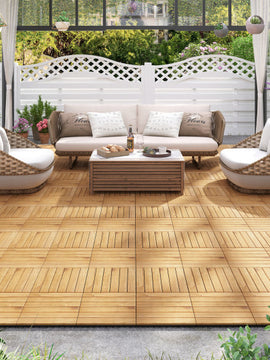 30 PCS Interlocking Deck Tiles 12 x 12 Inch Acacia Wood Patio Tiles with Straight Slats