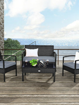 4 Pieces Patio Rattan Cushioned Furniture Set with Loveseat and Table-Black