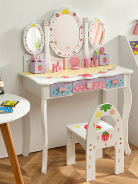 White Kids Vanity With Tri Fold Mirror Dressing Table Chair Set