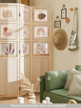 3 Panel Folding Privacy Screen with 9 Swivel Paulownia Wood Photo Frames