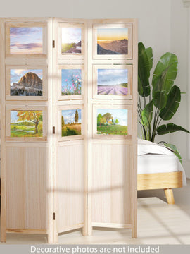 3 Panel Folding Privacy Screen with 9 Swivel Paulownia Wood Photo Frames