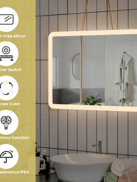 LED Wall-mounted Bathroom Rounded Arc Corner Mirror with Touch