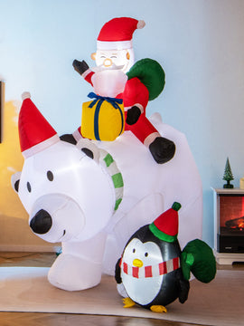 7 Feet Inflatable Santa Claus Riding Bear with Penguin Gift Bags and Gift Box
