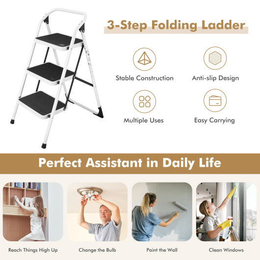 Folding 3-Step Ladder with Handgrip and Anti-Slip Platform