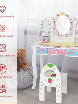 White Kids Vanity With Tri Fold Mirror Dressing Table Chair Set