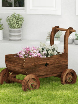 Decorative Wooden Wagon Cart with Handle Wheels and Drainage Hole-Rustic Brown