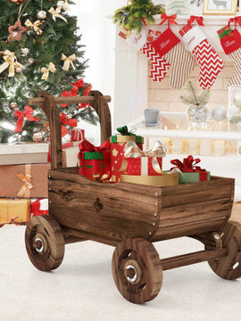 Decorative Wooden Wagon Cart with Handle Wheels and Drainage Hole-Rustic Brown