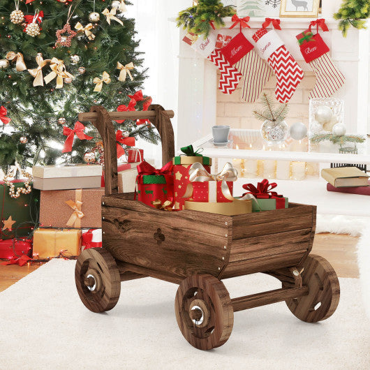 Decorative Wooden Wagon Cart with Handle Wheels and Drainage Hole-Rustic Brown
