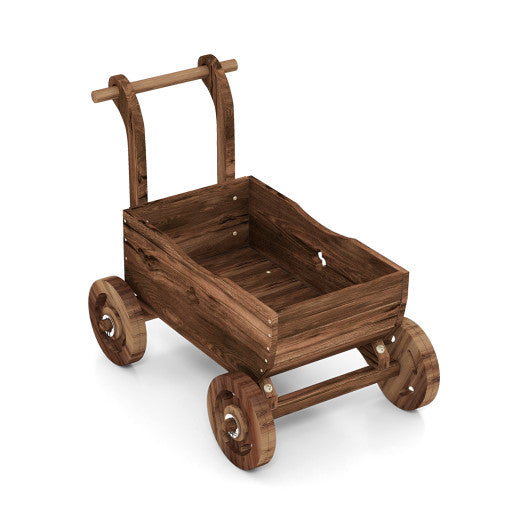 Decorative Wooden Wagon Cart with Handle Wheels and Drainage Hole-Rustic Brown