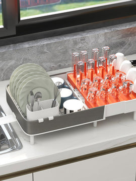 Expandable Dish Drying Rack Adjustable Dual-Part Dish Drainer with Detachable Utensil Holder