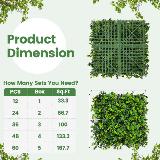 12 Pieces 20 x 20 Inch Artificial Boxwood Wall Panels with Insertable Branches