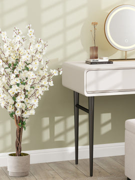 Faux Plum Blossom Plant with White Fabric Flower and Solid Wood Trunk