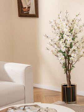 Faux Plum Blossom Plant with White Fabric Flower and Solid Wood Trunk