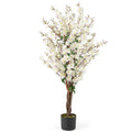 Faux Plum Blossom Plant with White Fabric Flower and Solid Wood Trunk