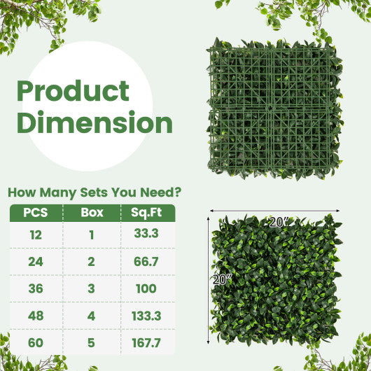 12 Pieces 20 x 20 Inch Artificial Boxwood Wall Panels with Insertable Branches