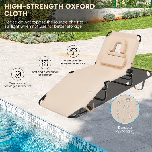 Beach Chaise Lounge Chair with Face Hole and Removable Pillow-Beige