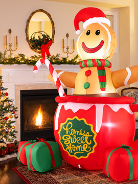 7 Feet Inflatable Gingerbread Man in Hot Cocoa Mug with Built-in LED Lights and Gift Boxes
