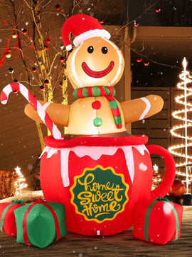 7 Feet Inflatable Gingerbread Man in Hot Cocoa Mug with Built-in LED Lights and Gift Boxes