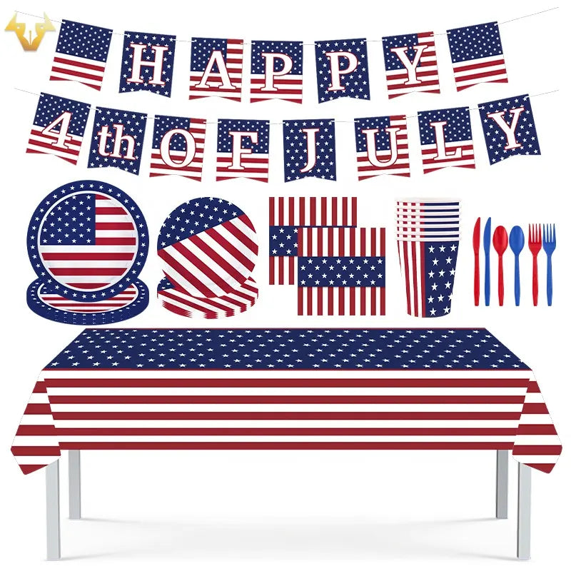 4th of July American Independence Day party tableware set American flag pattern paper plates cups banner decoration