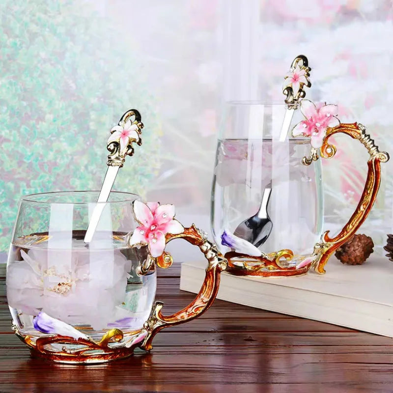 Beautiful Flower Tea Glass Mug Enamel Coffee Cup and Mug for Hot and Cold Drinks Home Tea Cup Spoon Set Perfect Gift for Mom