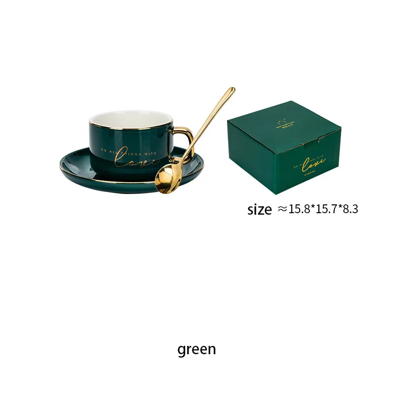 SALE 200ml Letters Love Coffee Cup Set Golden Handle Milk Water Cup With Dessert Dish Spoon Coffee Couple Mug Gift Box Packaging