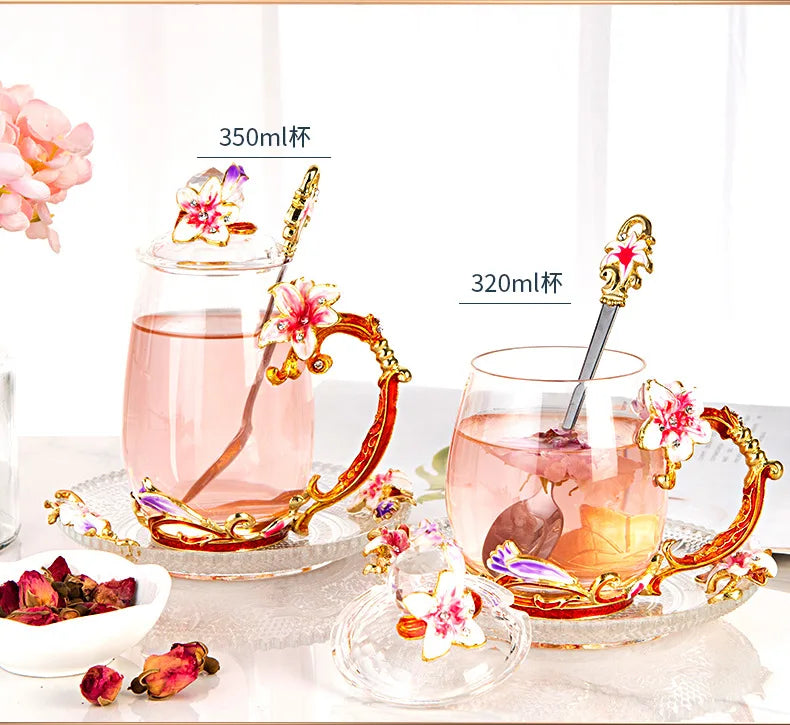 Enamel cup gift box set tea cup glass female flower tea cup gift custom home cup manufacturer direct sales and wholesale